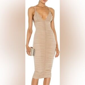 Michael Costello X Revolve ruched nude midi dress.